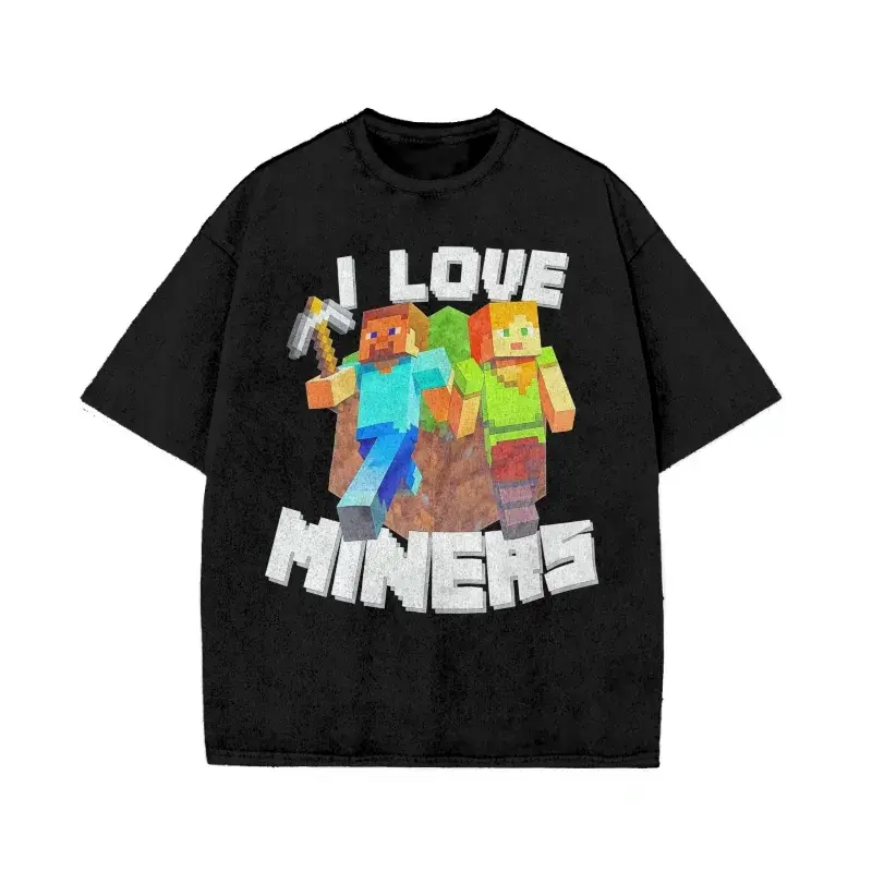 Vintage Washed I Love Miners Game Graphic Tee, fun pixel‑style character print short sleeve top for gamers. Great for casual daily wear, game parties & fan collection. Comfortable retro washed fabric, cool gift for gaming lovers