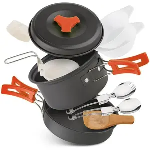 12 PCS Lightweight Camping Cookware Set – Non-Stick Pots, Pans & Utensils for Backpacking, Hiking & Outdoor Cooking – Compact Mess Kit for 2-3 People (Orange, Aluminum)