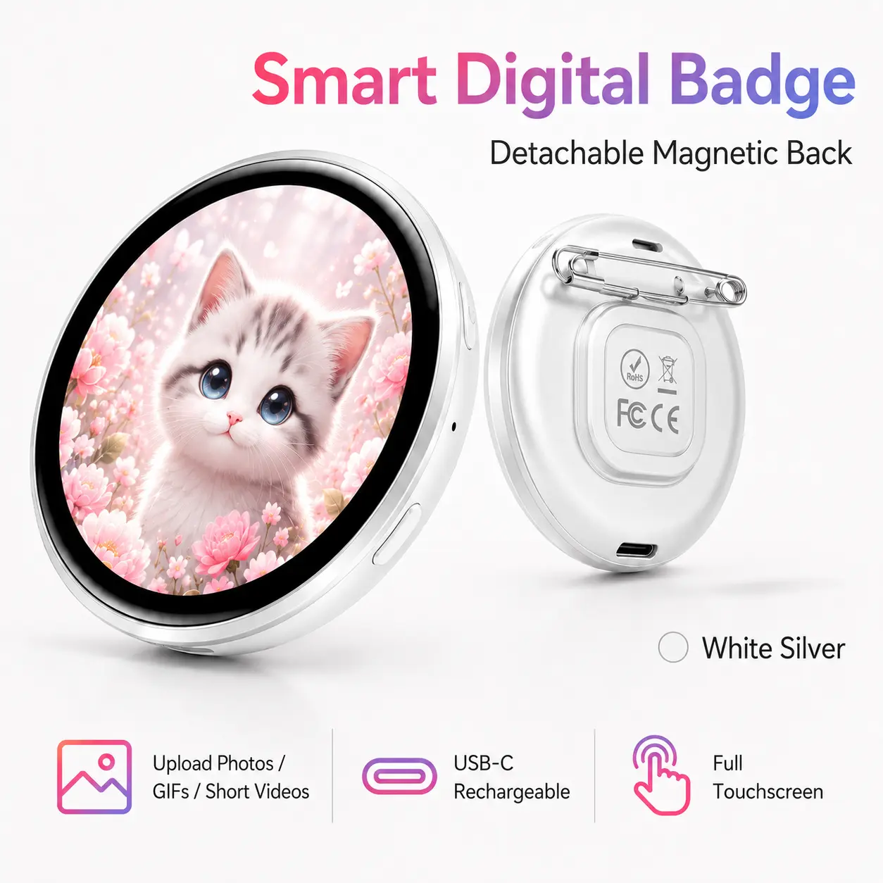 Smart Digital Badge, HD Display Electronic Badge with Detachable Magnetic Back, UploadPhotos GIFs & Short Videos, Full Touchscreen Rechargeable Digital Pin Badge for Backpack,Jacket, Events, Cosplay