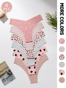 6-Pack Low-Rise Seamless Adhesive Thongs - Scalloped Edge, Heart/Leopard Prints & Soft Pastel Macaron Colors