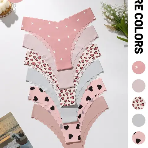 6-Pack Low-Rise Seamless Adhesive Fit Thongs - Scalloped Edge, Heart/Leopard Prints & Soft Pastel Macaron Colors