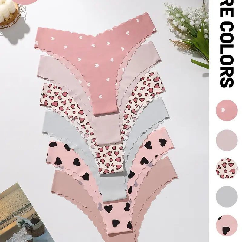 6-Pack Low-Rise Seamless Adhesive Fit Thongs - Scalloped Edge, Heart/Leopard Prints & Soft Pastel Macaron Colors