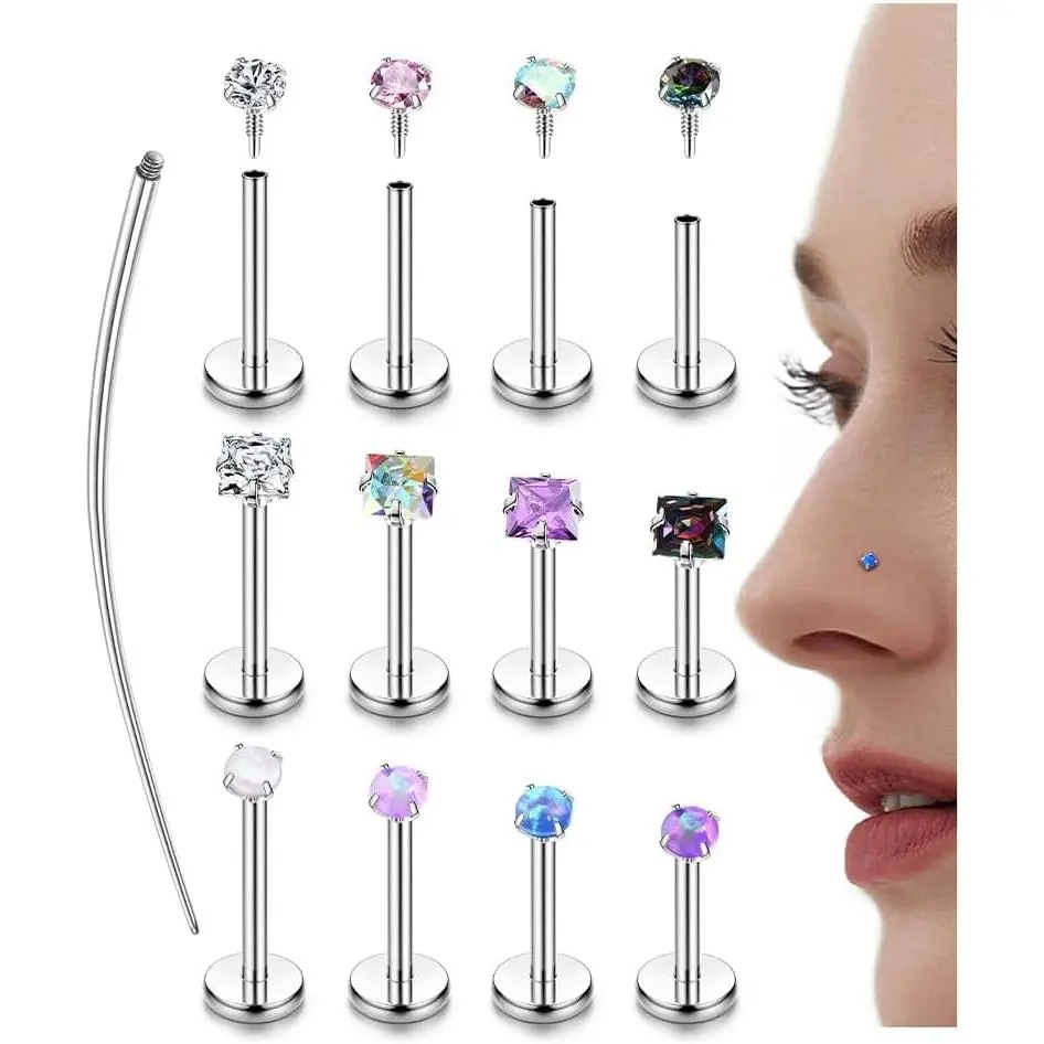 Hypoallergenic Nose Studs for Women - 16G/18G 316L Surgical Steel Nose Rings Studs Internally Threaded CZ Flat Back Stud Earrings Labret Stud Lip Tragus Helix Cartilage Piercing Jewelry for Women Men