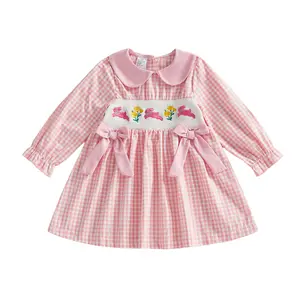 REDWOON Toddler Little Baby Girl Easter Dress Bunny Floral Embroidery Long Sleeve Doll Collar Smocked Dress Easter Outfit