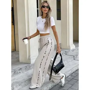 Women’s side-stripe wide-leg pants, casual loose-fit long trousers, woven fabric for all seasons, moderately thickened for durability, comfortable daily wear, casual sporty trousers