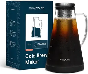 OVALWARE Airtight Cold Brew Iced Coffee Maker Pitcher (& Iced Tea Maker) with Spout – Brewing Glass Carafe with Removable Stainless Steel Filter - 1L (34oz)/1.5L (51oz)