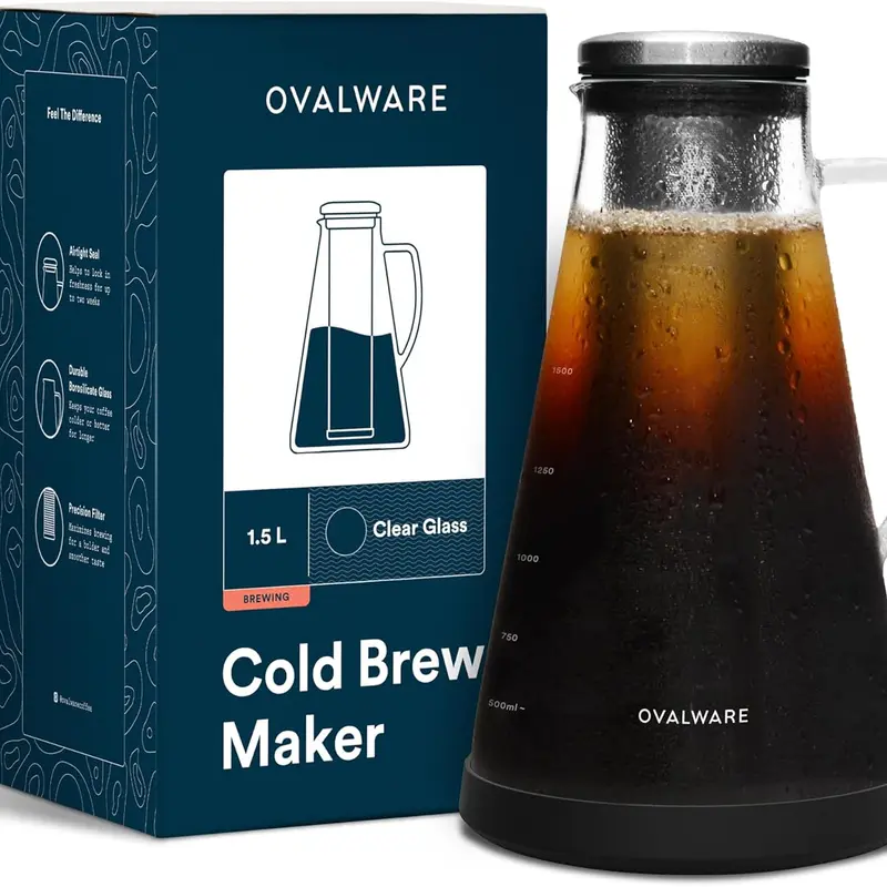 OVALWARE Airtight Cold Brew Iced Coffee Maker Pitcher (& Iced Tea Maker) with Spout – Brewing Glass Carafe with Removable Stainless Steel Filter - 1L (34oz)/1.5L (51oz)