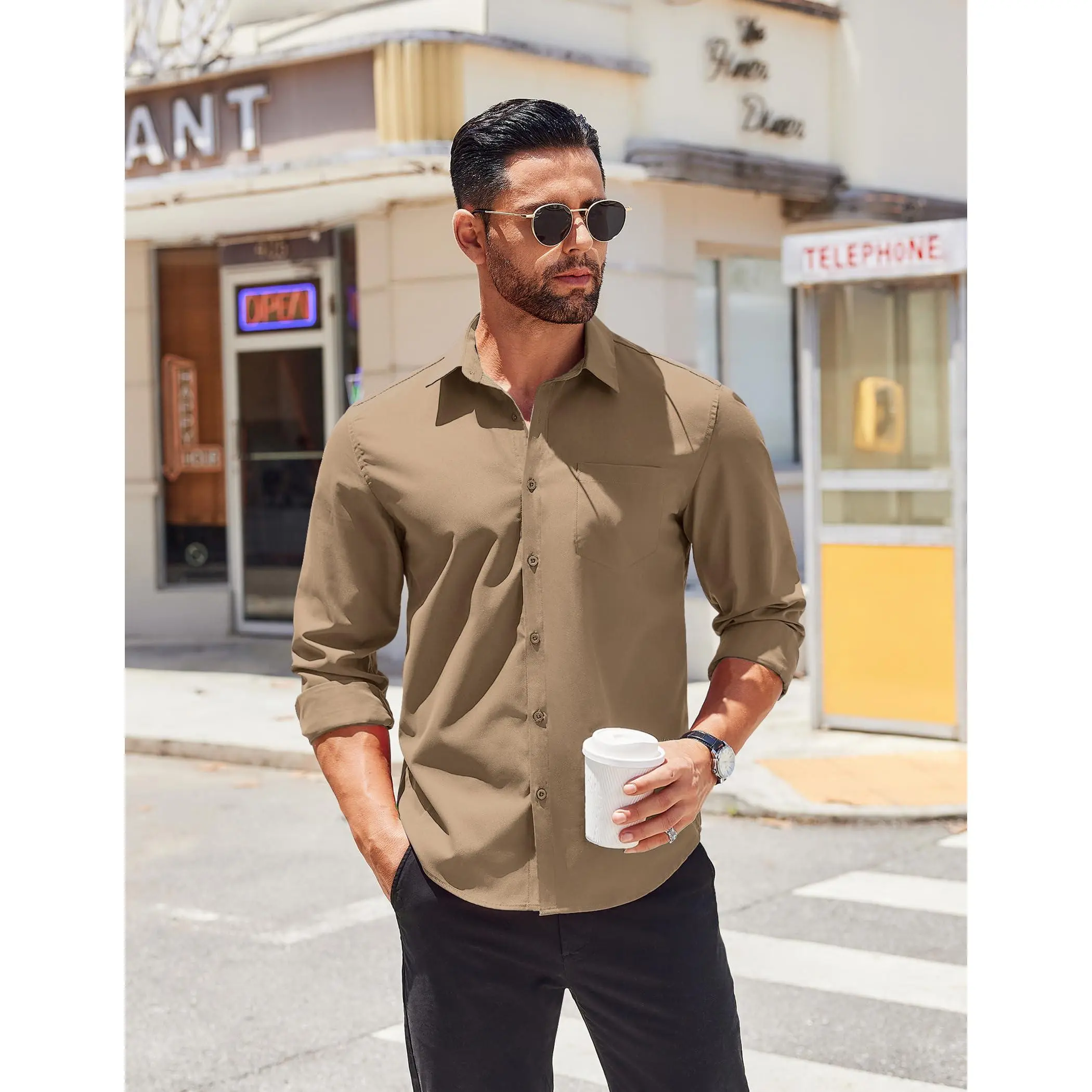 white christmas dresses Men's Long-Sleeved Shirts l Summer Solid Color l Stand .Casual Beach main image 1