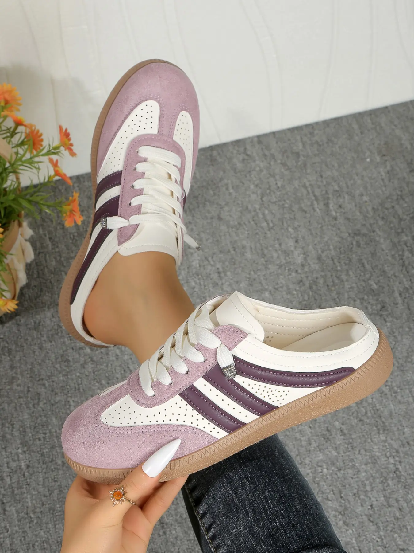 Vintage German Style Colorblock Half-Drag Mules, Casual Versatile Flat Shoes, One-Step Lazy Women's Shoes, Comfortable and Stylish, Walking Shoes, Slip On Mules