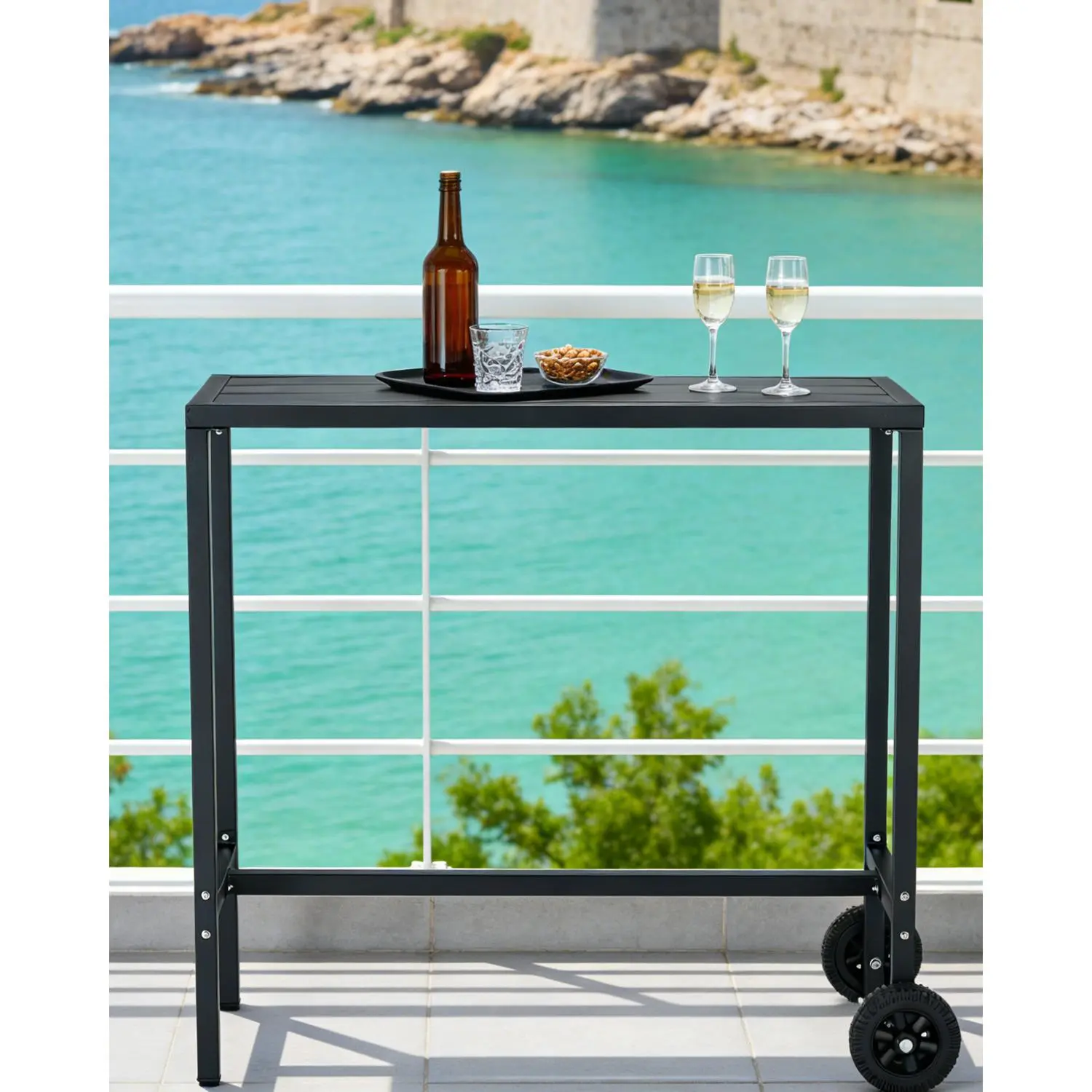 Weatherproof Outdoor Bar Table - 39 Inch Counter Height Patio Dining Table with Wheels and Adjustable Leveling Feet - Portable Rolling Pub Table for Kitchen Island, Home Bar, Balcony
