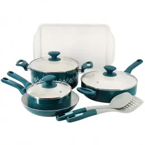 Spice By Tia Mowry 10-Piece Ceramic Nonstick Aluminum Cookware Set with Handles, Glass Lids, Pans, and Pots (Teal)