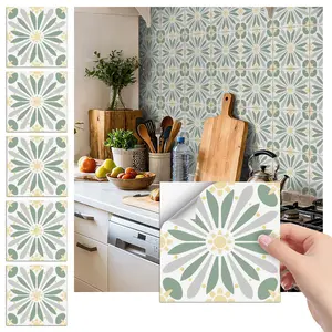 24PCS FHZ Light Green-Yellow Retro Floral Tile Stickers | PET Matte Peel & Stick Backsplash | Waterproof Oil-Proof Decor for Home & Office