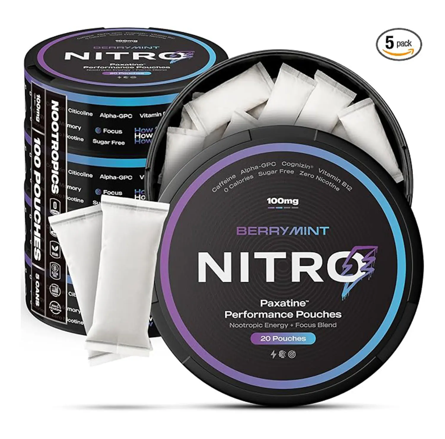 Nitro Nootropic Pouches - Energy + Focus - 100mg Caffeine, Alpha GPC, Cognizin Citicoline, L-Theanine, Vitamin B12 - No Sugar, Nicotine-Free - 20 Pouches Per Can - 5 Pack - Berry Mint