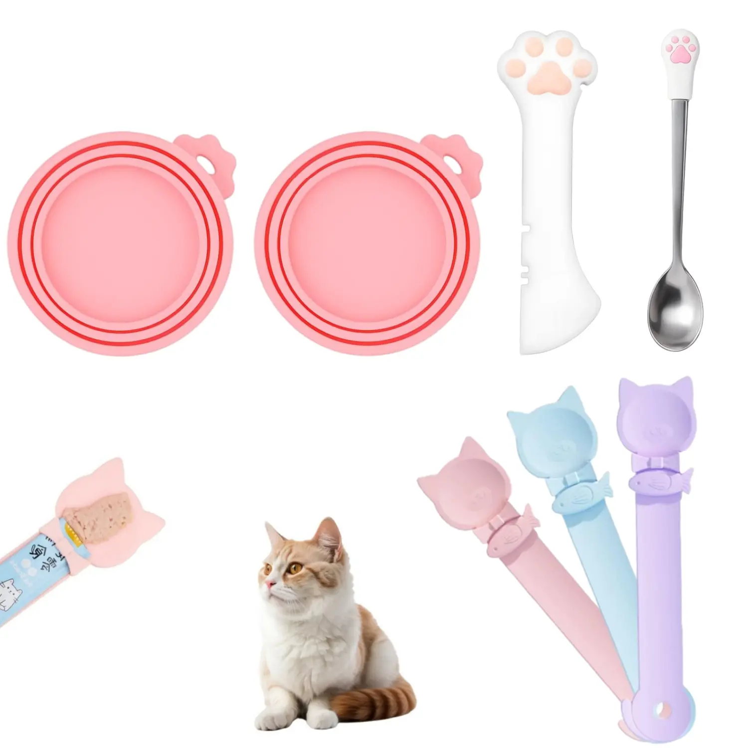 7 Pack Cat Food Can Covers Set, Reusable Silicone Can Lids with Opener, Stainless Steel Wet Food Spoon & Cat Treat Squeezer for Pet Feeding and Storage, Fits Cats & Dogs ﻿