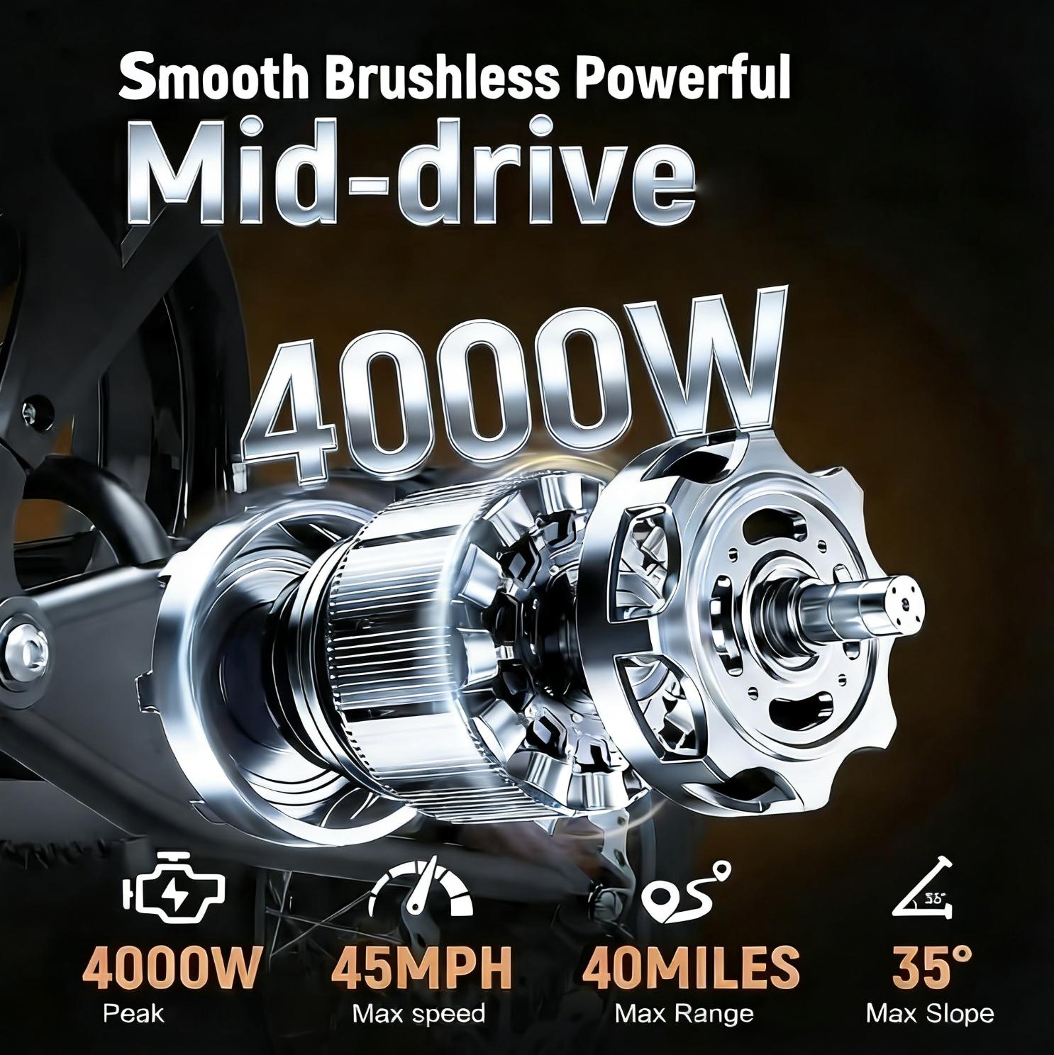 ABKDO 4000W Peak Electric Bicycle with Front Suspension 48V 23AH Battery 14" Inch Tires 45 MPH Speed 40 Miles Range for Snow Mountain Road Riding