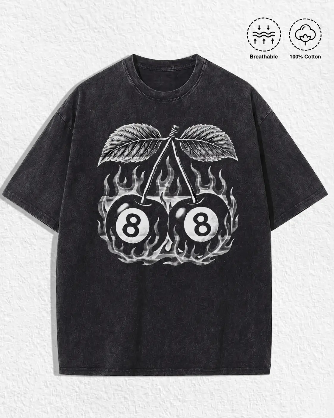 Vintage Acid Wash Flaming 8 Ball Cherry Graphic Tee A Comfortable Summer Gift Edgy Streetwear Y2K Clothing Men T-Shirt trendy top short sleeve casual style