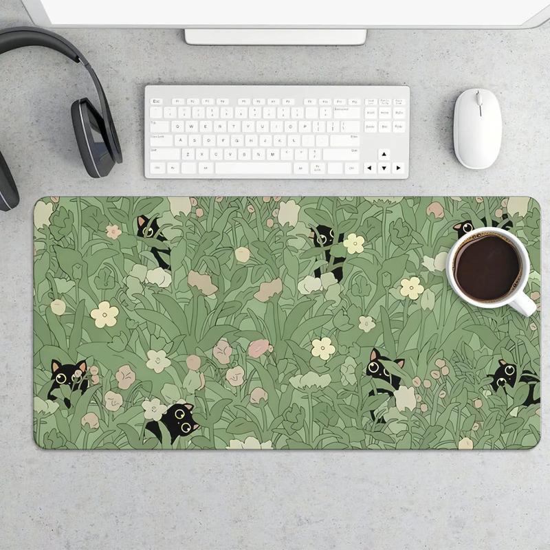 Cute Black Cat Green Mouse Pad Gaming Mousepad 31.5 x 11.8in Large Mouse Pad for Keyboard and Mouse with Anti-Slip Rubber Base, Keyboard Pad XL Mouse Mat for Home and Office