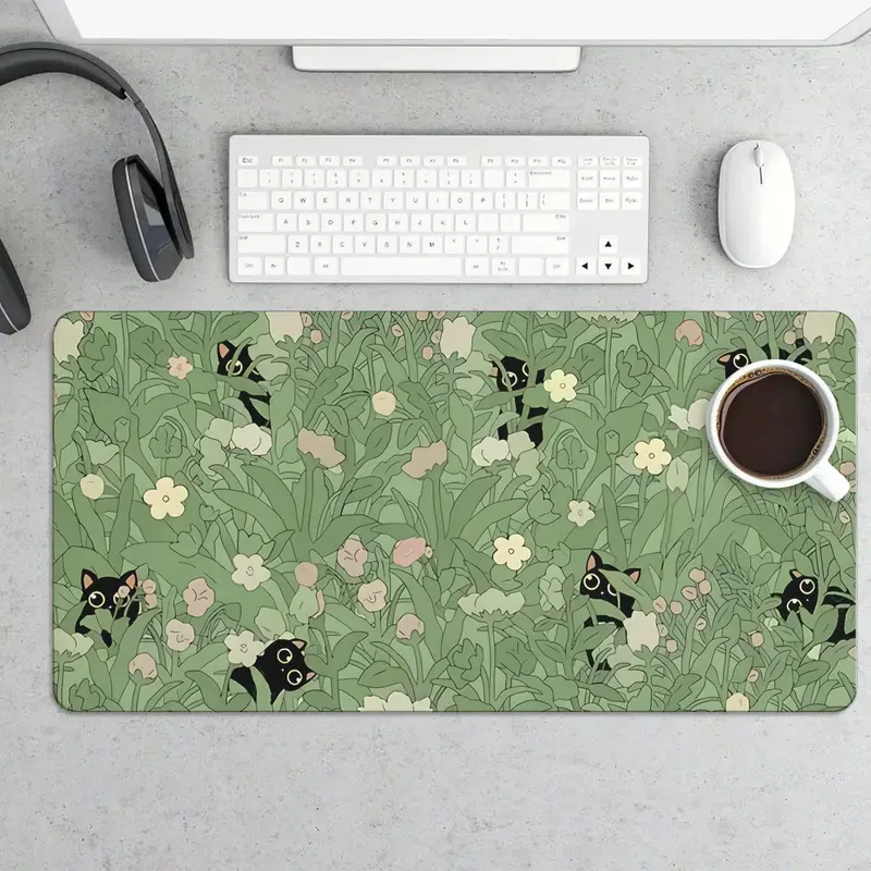 Cute Black Cat Green Mouse Pad Gaming Mousepad 31.5 x 11.8in Large Mouse Pad for Keyboard and Mouse with Anti-Slip Rubber Base, Keyboard Pad XL Mouse Mat for Home and Office