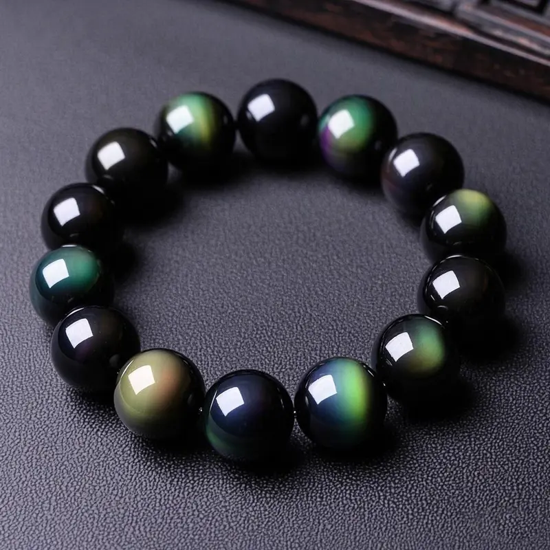 Rainbow Obsidian Bracelet - 12mm Natural Gemstone Beads Crystal Bracelet - Handmade Healing Stretch Bracelets for Reduce Negative Energy Black Onyx
