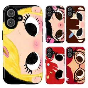 Cute Cartoon Girl Big Eyes iPhone Case for iPhone 17 16 15 14 13 12 11 Pro Max Plus, Kawaii Doll Face Phone Cover, Funny Retro Anime Inspired Girly Aesthetic Case, Colorful Pop Art Cute Character Phone Case, Trendy Gift for Girls Women Teens