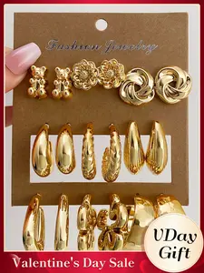 Fashionable 9-Pair C-Shaped Metal Earrings - Unique Daisy and Bear Designs for Eye-Catching Party Accessories, Perfect Valentine's Day Gift, Fashionable Hoop Earrings