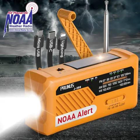 PRUNUS J-366 Emergency Radio with 3 Charging Cables, NOAA Weather Alert, 7400mWh/Solar/Hand Crank/ USB-C Charging, Battery Operated , WB/AM/FM, SOS Alarm, Flashlight, Compact for Bag