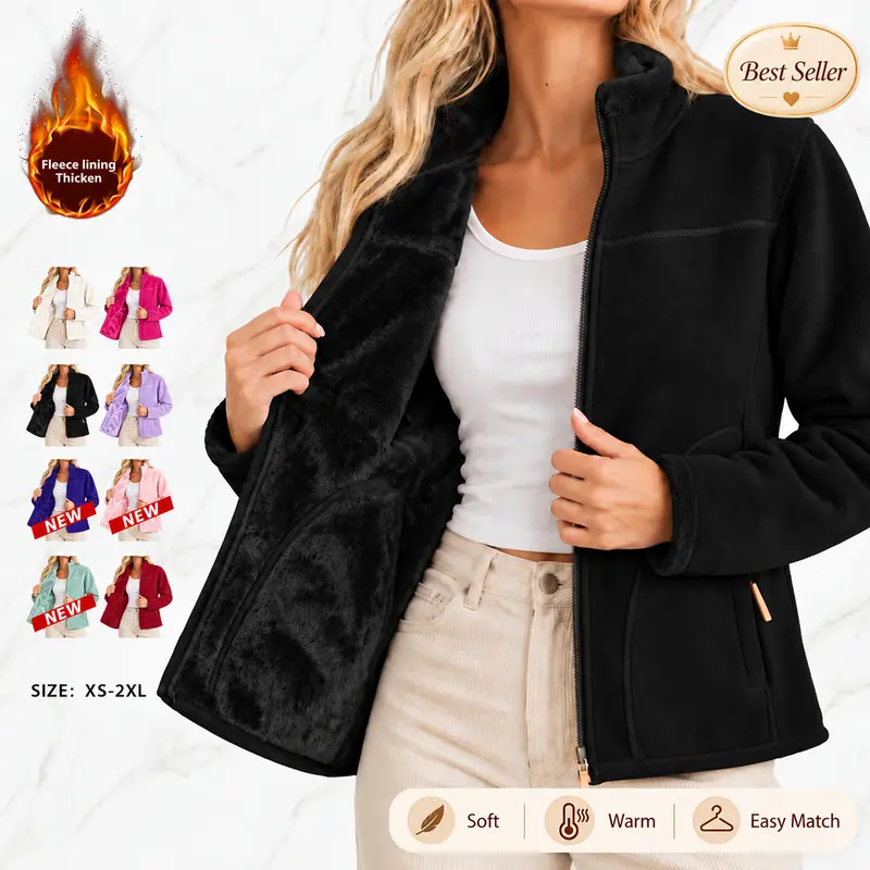 Women’s Thick Fleece Stand-Collar Pullover Cardigan - Tops for Women, Lightweight Warm Outerwear, Multi-Color, Suitable for Hiking, Commuting