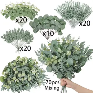 70 pieces artificial eucalyptus stems and leaves set, Artificial Faux Greenery, 4 fake green plant silver eucalyptus leaf bouquet accessories, artificial green plant stems and leaves spray, used for DIY bouquets, flower arrangement and home decoration