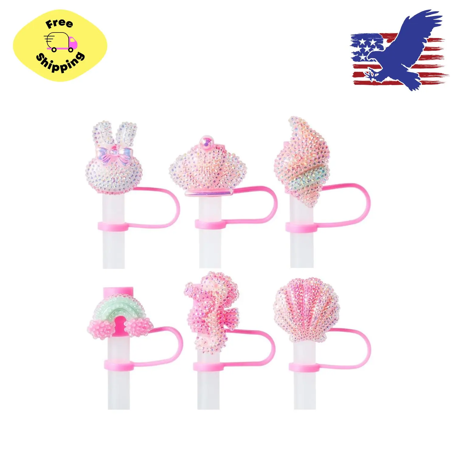 6Pcs Glitter Pink Straw Cover Cap for Stanley Cup, 10mm