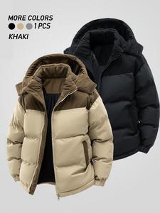 men's winter thickened cotton jacket, hooded patchwork coat, warm casual simple style outerwear, men's winter clothing