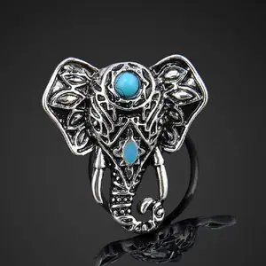 Bohemian Elephant Turquoise Opening Adjustable Ring - Vintage Ethnic Style - 1 Piece - For Women - Perfect for Boho & Festival Outfits - Great Gift for Jewelry Lovers