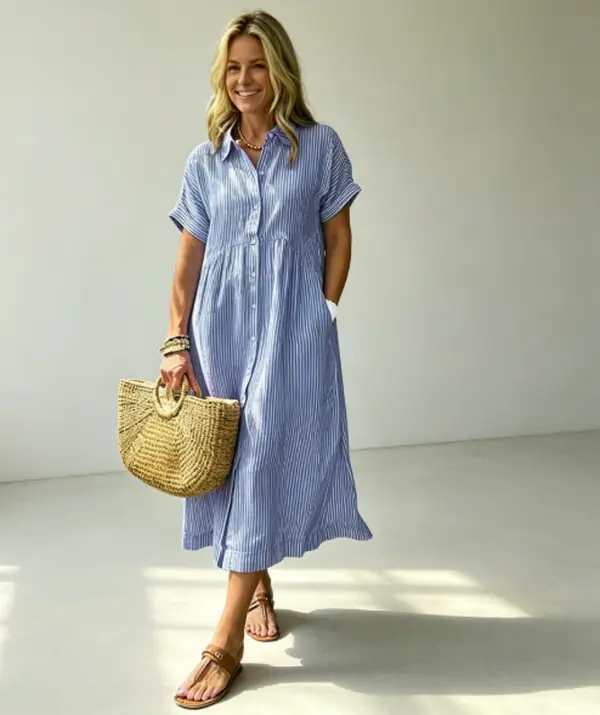 Women's Loose Midi Striped Shirt Dress Bohemian Side Slit Dress with Pockets Office Casual Outfit sundress Summer Breathable bounce dress