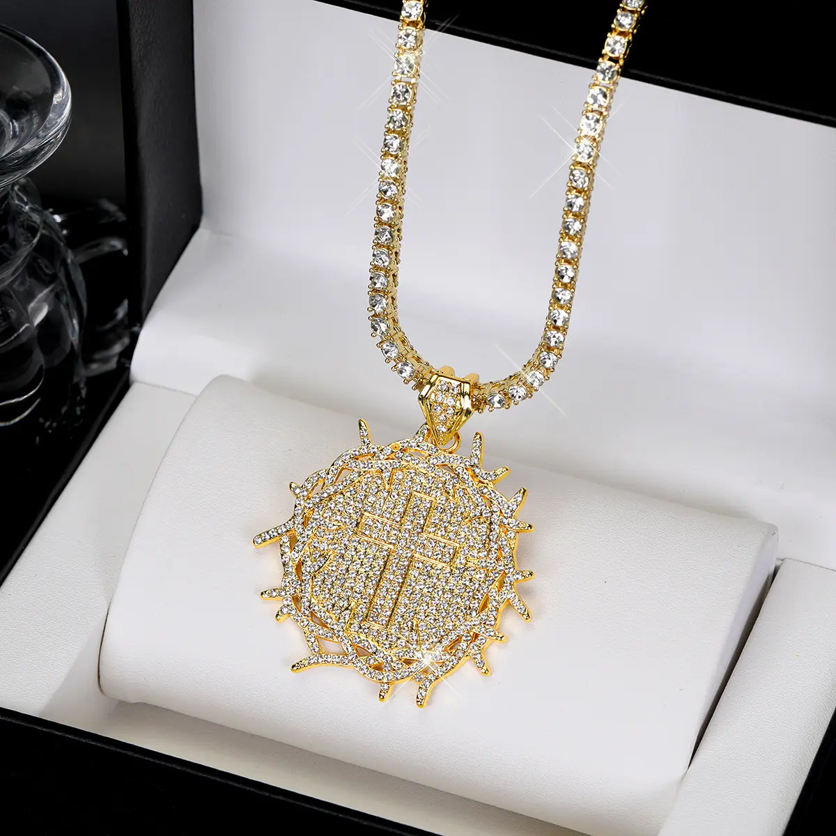 Men's Iced Out Gothic Thorn Cross Pendant | Rhinestone Spike Detail on Zinc Alloy Tennis Chain | Punk Rock Protective Amulet for Night Out | Street Style Essential for Rebels & Alternative Fashion | TikTok Viral Jewelry