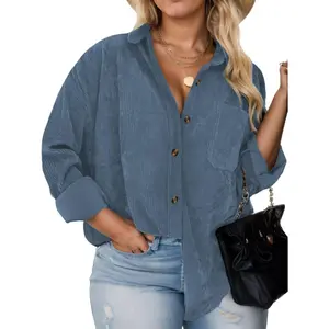 Plus Size Shackets for Women Fashion Fall Outfits Corduroy Shirts with Pockets Casual Long Sleeve Button Down Blouse Tops DPS1126