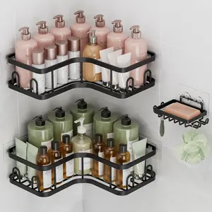 Corner Adhesive Shower Caddy 3-Pack with Soap Holder & Hooks, No Drilling Shower Shelves, Rustproof Waterproof Bathroom Organizers and Storage, Rack for Small Spaces, Kitchen & Rental-Friendly, Black