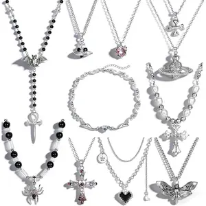 10PCS Vintage Gothic Necklace Set for Women Punk Grunge Cross Heart Bat Spider Angel Wing Saturn Skull Pendant Layered Choker Statement Necklaces