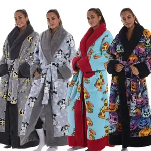 Elegant Thick Coral Fleece Bathrobe, Long Warm Robe with Hat and Pockets, Classic Design, Multiple Prints Available, Long Sleeve