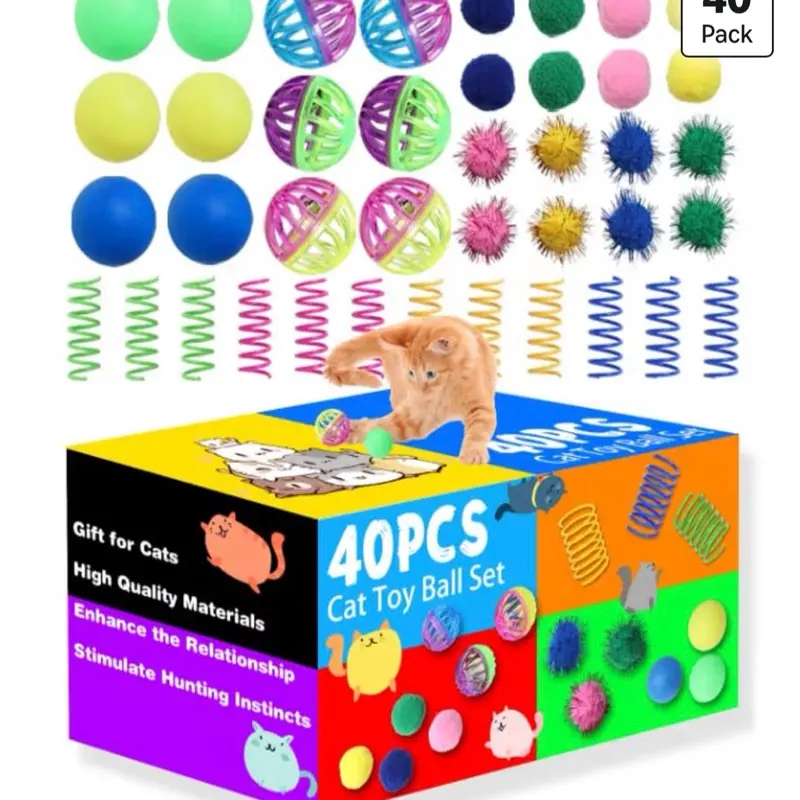 40-Piece Indoor Cat & Kitten Interactive Toys Pack - Includes Springs, Sparkle Orbs, Pom Poms, Jingle Orbs, and Track Orbs