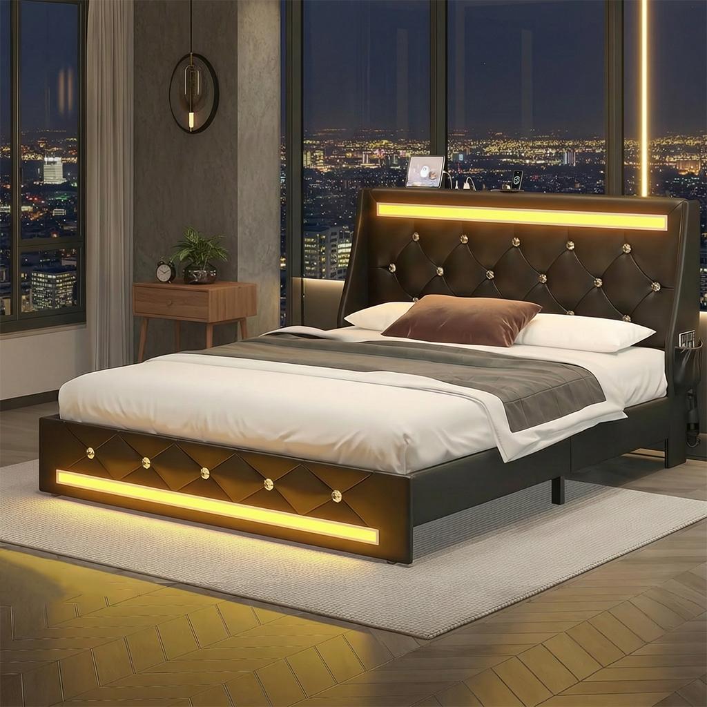 Queen Bed Frame with Optional Mattress, Upholstered Platform Bed with LED Lighting, Storage Drawers Available, Silent & No Box Spring – Cama queen con colchón