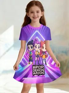 Girls' 3D Short Sleeve Dress, K-Pop Demon Hunters Full Print Summer Dress, Perfect for Parties, Festivals, Gifts, Birthday Presents