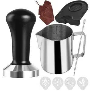 51 mm Coffee Tamper Set Coffee Press for Portafilter Machine Espresso Tamper with Tamper Mat, Frothing Pitcher (350ml/11.836oz), Barista Towel, Latte Art Pen and Decorative Stencils