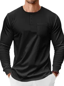 Men's Casual Fitted Long Sleeve Shirt, Spring & Fall Breathable Loose Fit Henley Top, American Style Outerwear Tee for Men Pockets