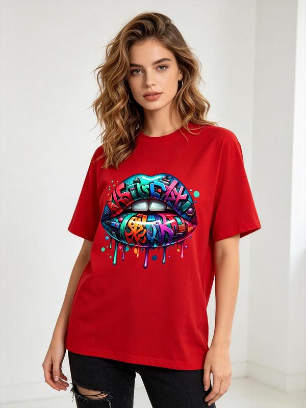 Women's Fitted Cut Cotton Tee - Breathable Fabric, Crew Neck, Short-Sleeve, Cropped, Graffiti Drip Lips Graphic, Korean Lightweight Streetwear Style, Urban Casual Top, Valentine's Day Outwear