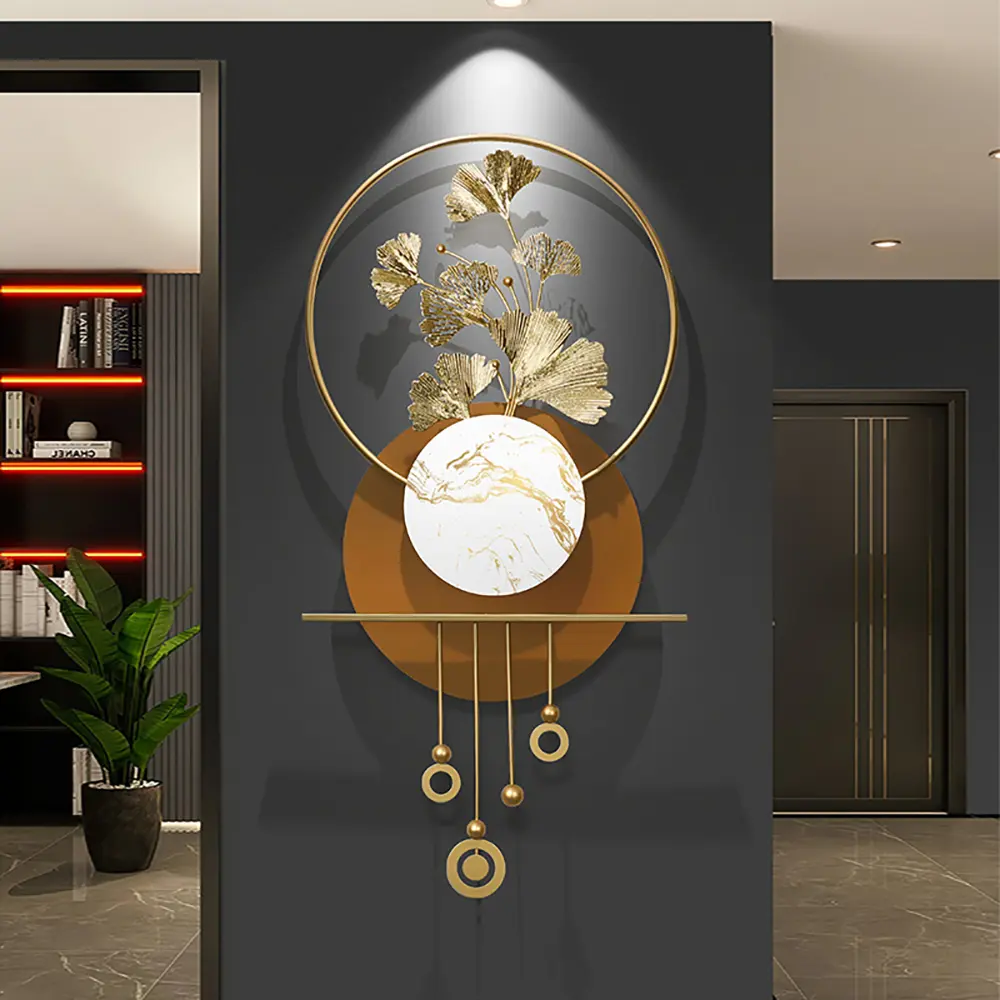 Homary 46.5" Modern 3D Golden Iron Metal Frame Ginkgo Leaf Geometric Wall Art with Marble Accent - Artistic Home Decor, Room Decoration Artwork