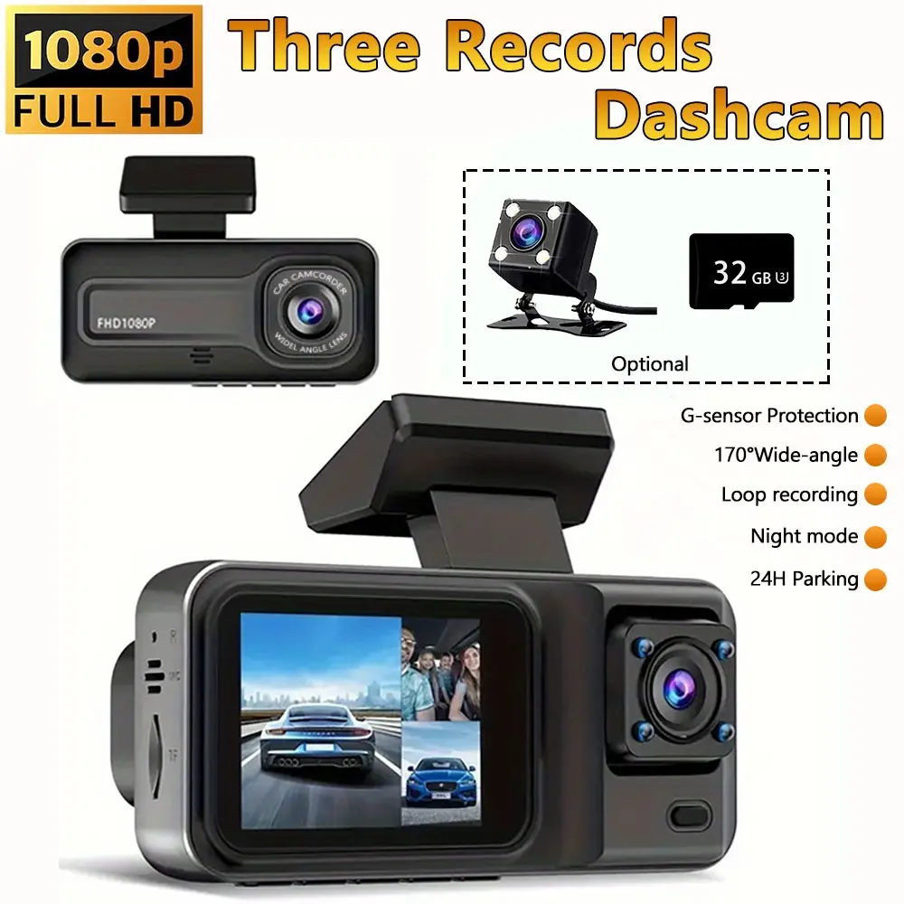 Triple Channel Dash Cam Front 1080P + Inside/Rear 480P, Enhanced Night Vision, G-Sensor, Motion Detection, Parking Mode, Loop Recording w/ Optional Backup Camera for Cars