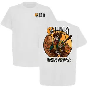 Henry Cowboy Skeleton Shirt Western Rifle Graphic Tee Made in America Patriotic 100% Cotton Poly Blend Comfortable Stylish Layering Outfit for Men Women