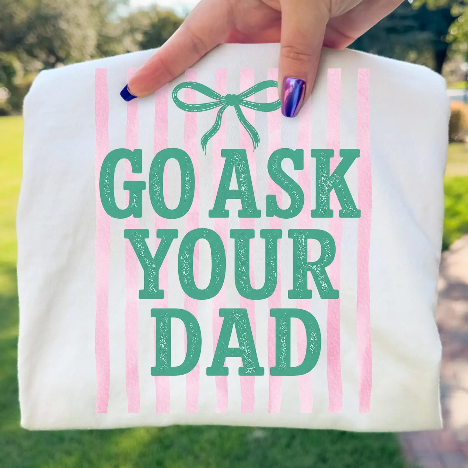 Striped Go Ask Your Dad Shirt Funny Motherhood Coquette Mother's Day Shirt Trending Boutique Shirt, Short Sleeve T Shirts Soft Summer Crop Tops Slim Fit Y2k Basic Tees for Women Girls