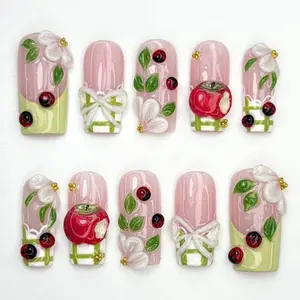 jasonj.nail Sweet Apple Bow Press-On Nails, 3D Apple, Ribbon & Ladybug Design, Soft Pink Green Base, Cute Cottagecore Aesthetic, Everyday Girly Nail Art, Custom Handmade Set