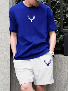 Men's Two-Piece Casual Set, Klein Blue Deer Print Round Neck Short Sleeve Top, Shorts, Daily Wear, Vacation