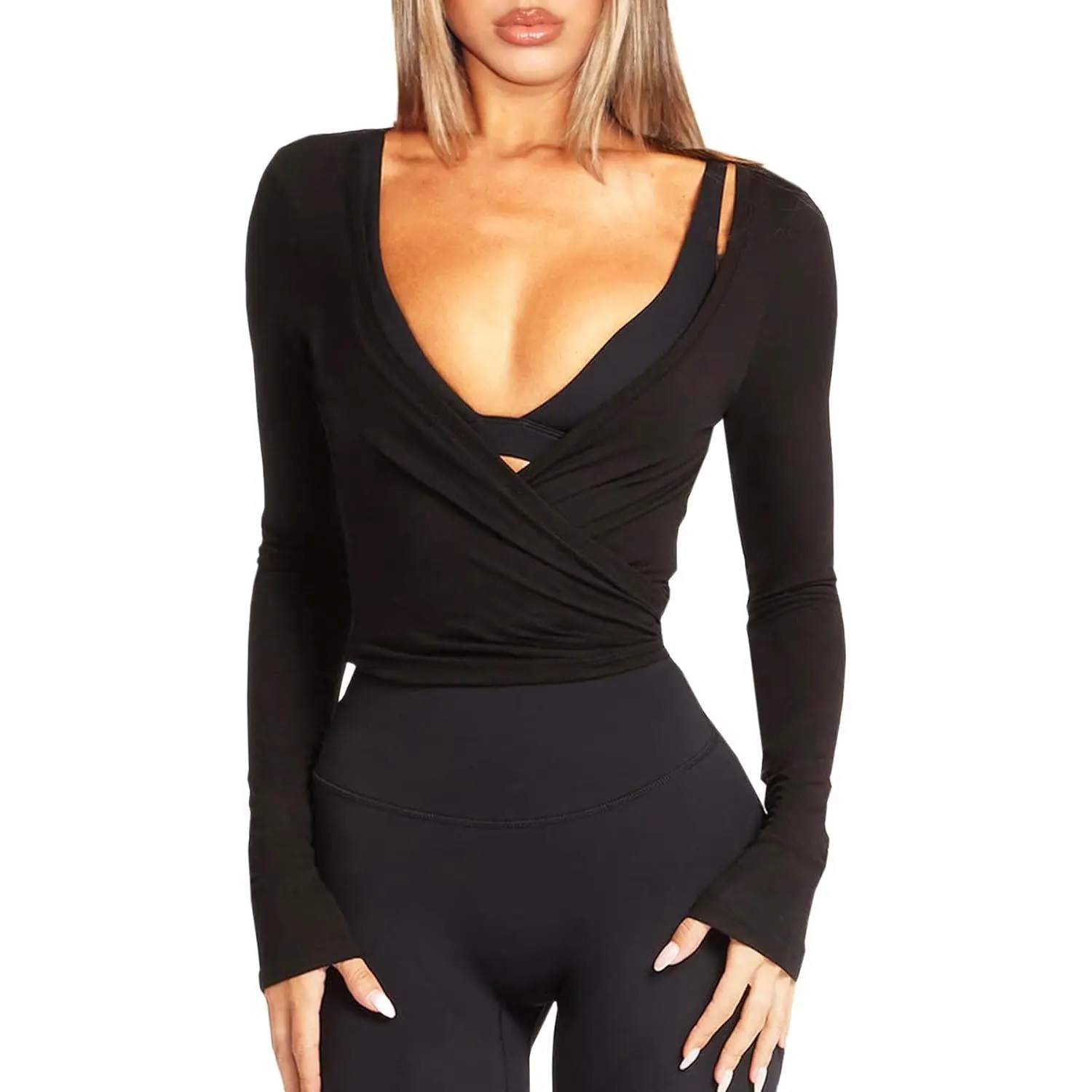 Women Long Sleeve Ballet Pilates Yoga Wrap Tie Front Tops Workout Gym Shirts Cardigan(Gift)